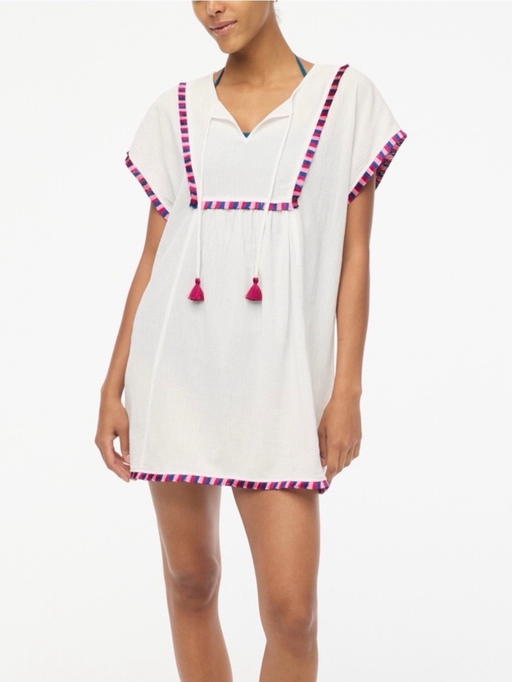 J. Crew Gauze Fringe Beach Tunic Swim Coverup  White Multicolor Resort Wear